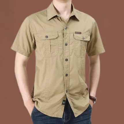 Mens Short Sleeve Cotton Casual Tactical Shirt Half Sleeve for Hiking Climbing Hunting Outdoor Sport Shirt for Men-Khaki / 2 XL